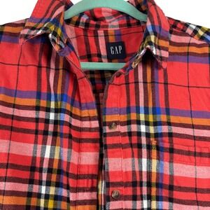 GAP Women's Large Plaid Flannel Shirt‎ Long Sleeve Red Orange Blue Casual Fall